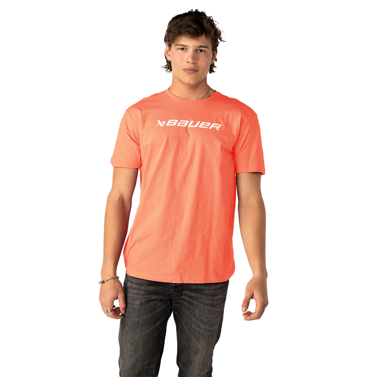 Person wearing a bright orange t-shirt with 'Bauer' logo on a white background